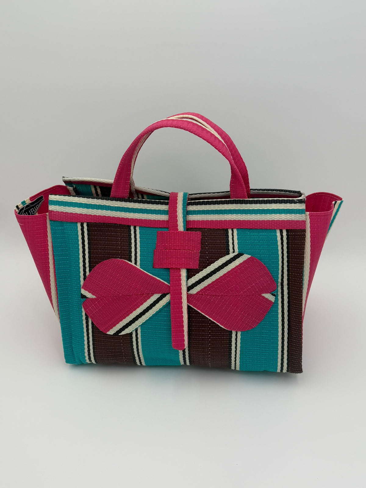 Boho Large handwoven tote bag by SCRUBIES in Teal,Beige,Pink,Purple with Stripes design and Leaf accent pattern