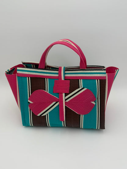 Boho Large handwoven tote bag by SCRUBIES in Teal,Beige,Pink,Purple with Stripes design and Leaf accent pattern