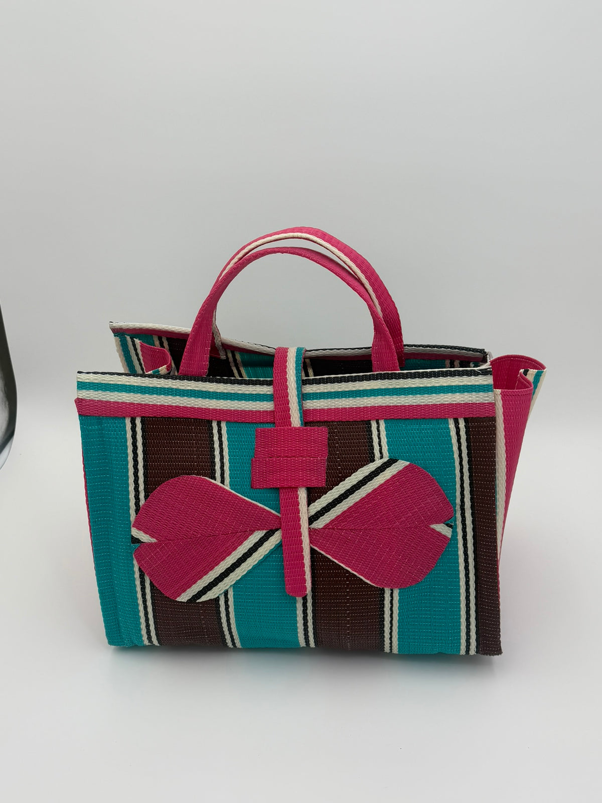 Boho Large handwoven tote bag by SCRUBIES in Teal,Beige,Pink,Purple with Stripes design and Leaf accent pattern
