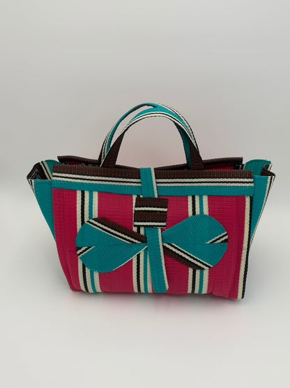 Boho Large handwoven tote bag by SCRUBIES in Teal,Beige,Pink,Purple with Stripes design and Leaf accent pattern