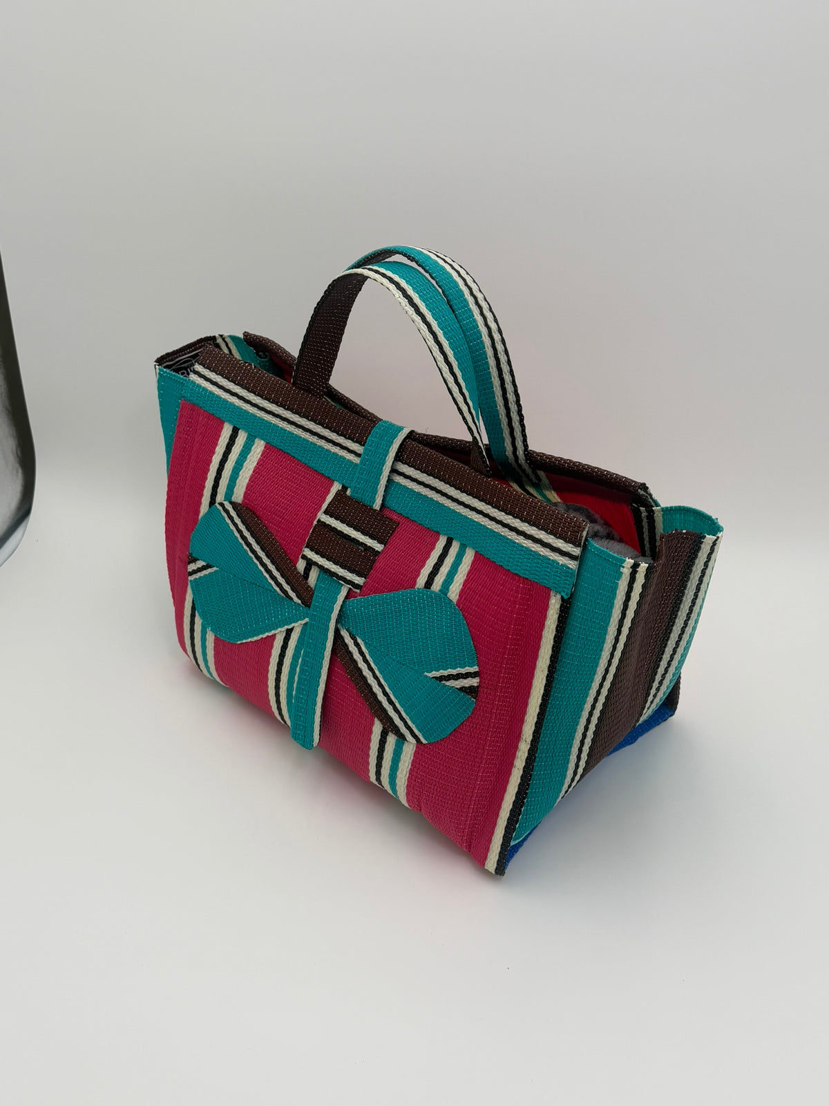 Boho Large handwoven tote bag by SCRUBIES in Teal,Beige,Pink,Purple with Stripes design and Leaf accent pattern