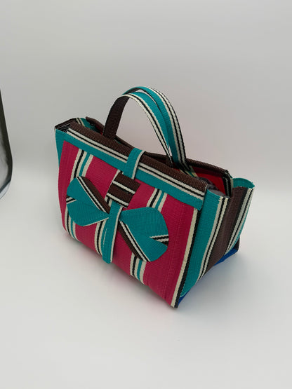 Boho Large handwoven tote bag by SCRUBIES in Teal,Beige,Pink,Purple with Stripes design and Leaf accent pattern