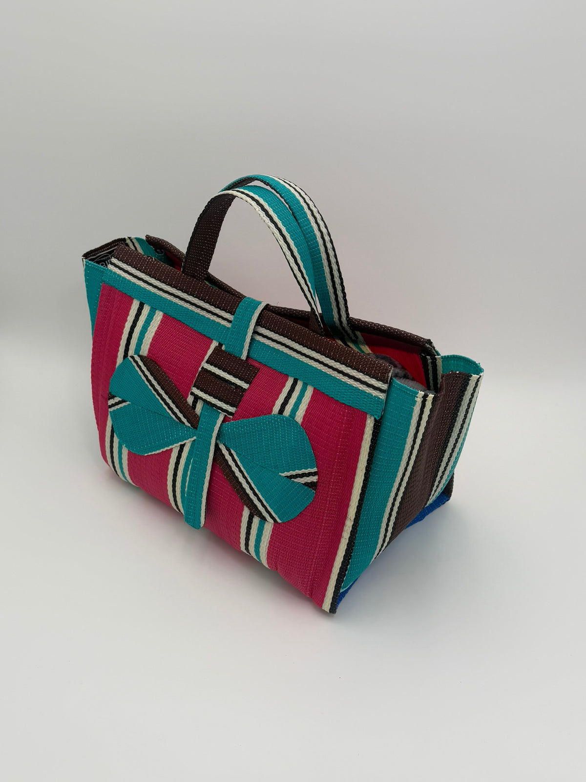 Boho Large handwoven tote bag by SCRUBIES in Teal,Beige,Pink,Purple with Stripes design and Leaf accent pattern