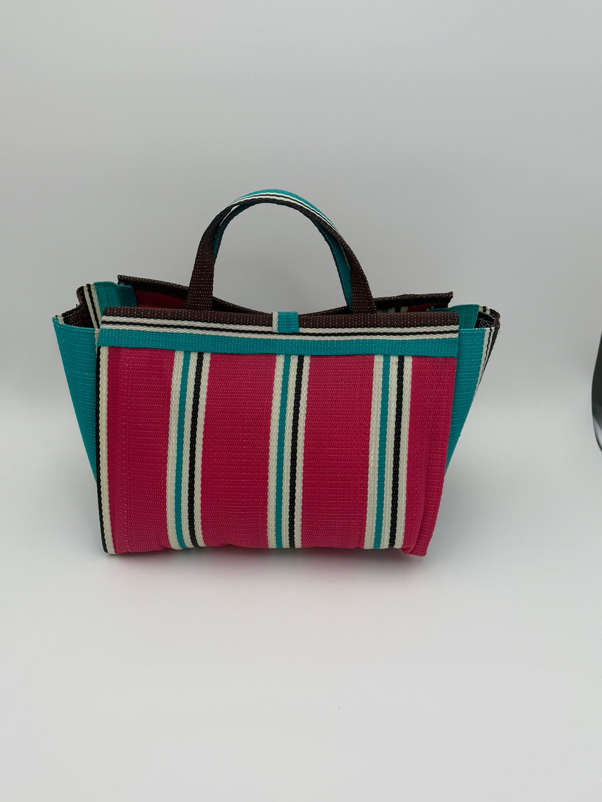 Boho Large handwoven tote bag by SCRUBIES in Teal,Beige,Pink,Purple with Stripes design and Leaf accent pattern