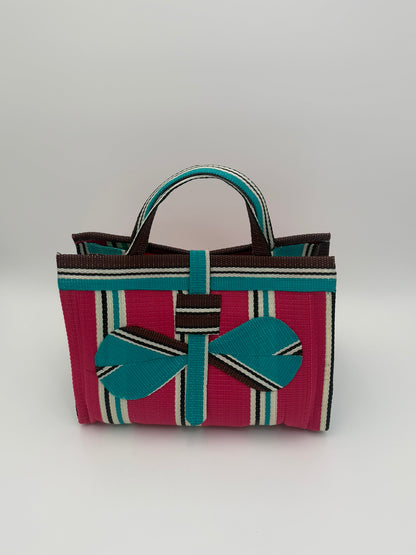 Boho Large handwoven tote bag by SCRUBIES in Teal,Beige,Pink,Purple with Stripes design and Leaf accent pattern