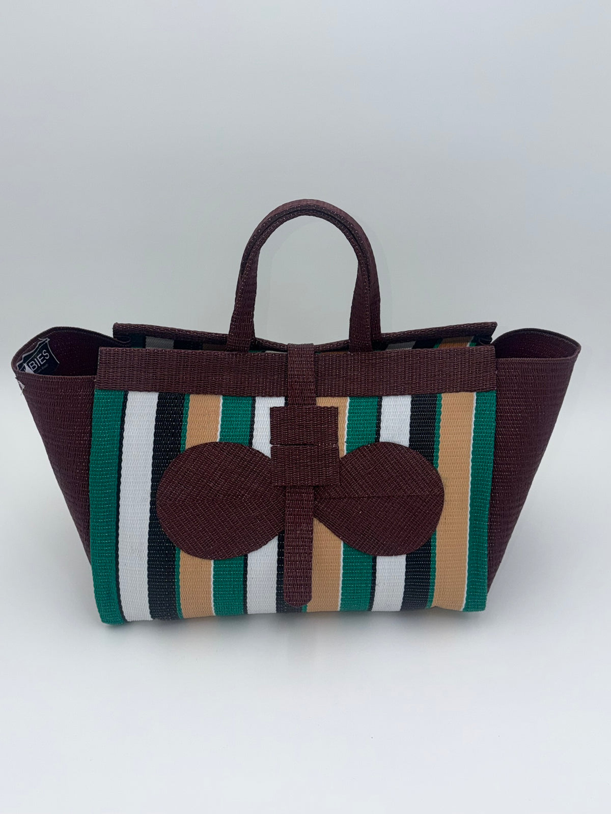 Boho Large handwoven tote bag by SCRUBIES in ,Brown,Green,White,Beige with Stripes design and Bow accent pattern