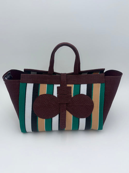 Boho Large handwoven tote bag by SCRUBIES in ,Brown,Green,White,Beige with Stripes design and Bow accent pattern