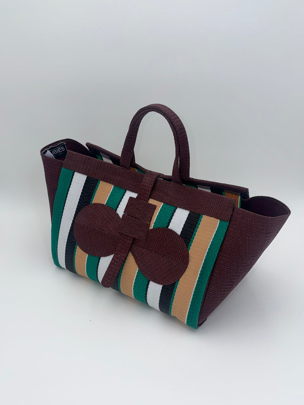 Boho Large handwoven tote bag by SCRUBIES in ,Brown,Green,White,Beige with Stripes design and Bow accent pattern