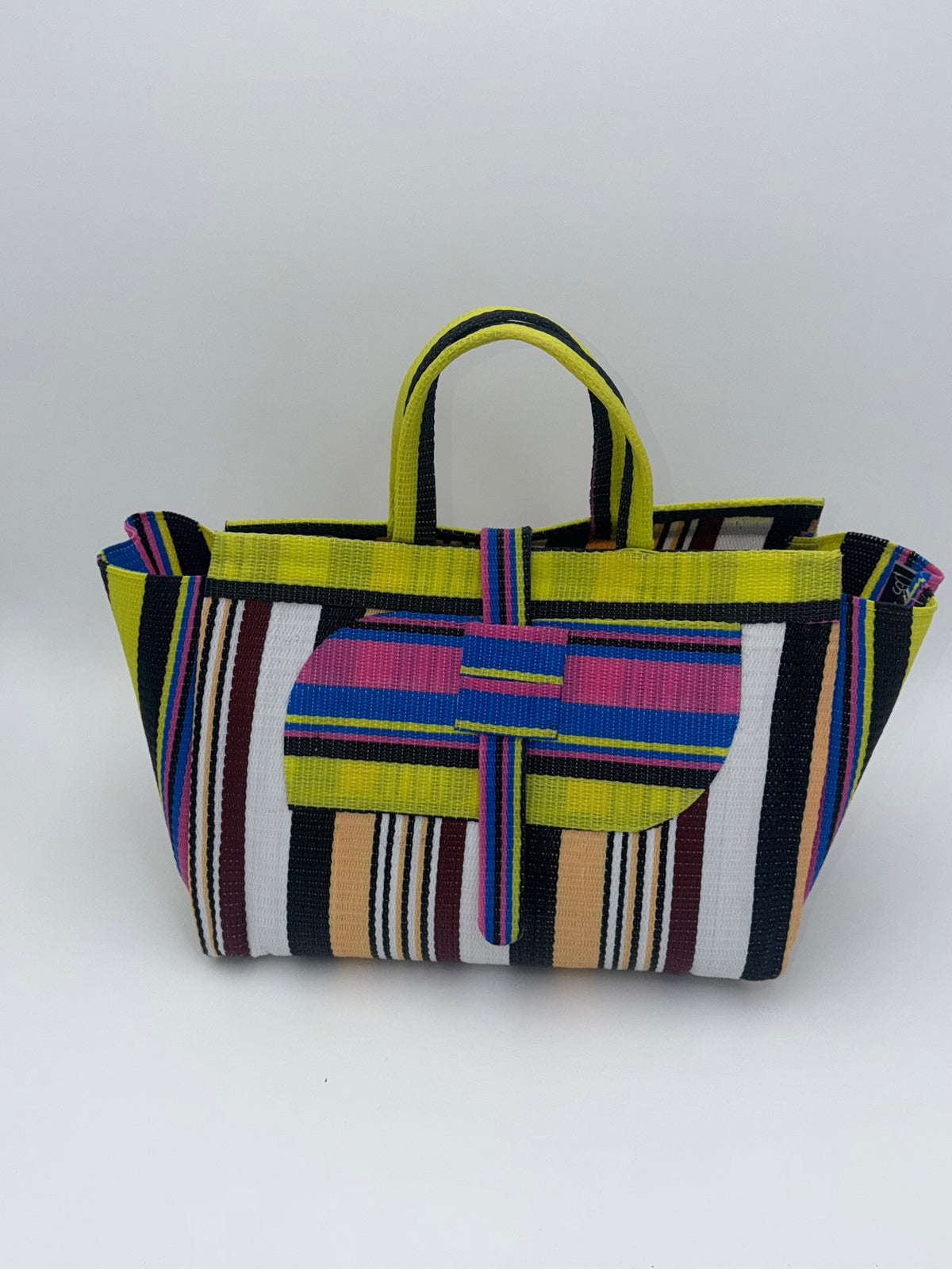 Woodland Large handwoven tote bag by SCRUBIES in Yelow,Pink,White,Black,Beige with Stripes design and Almond accent pattern