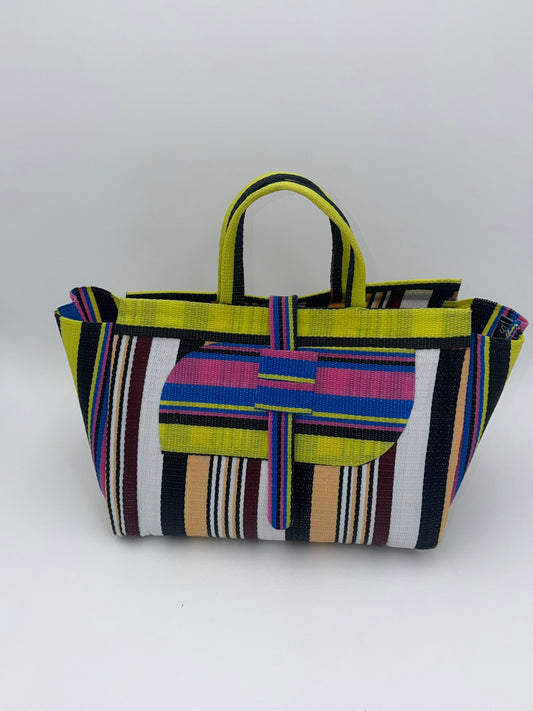 Woodland Large handwoven tote bag by SCRUBIES in Yelow,Pink,White,Black,Beige with Stripes design and Almond accent pattern