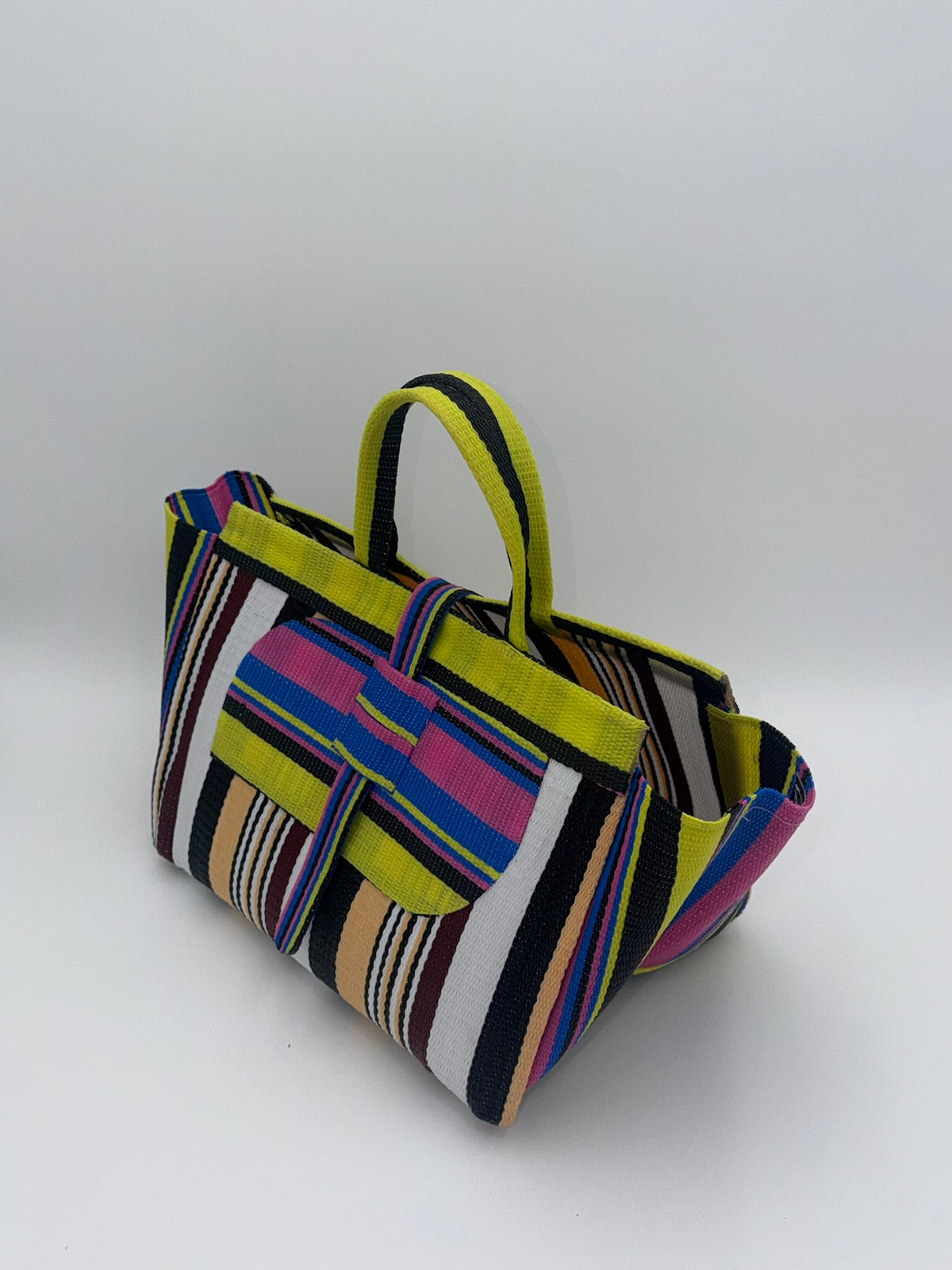 Woodland Large handwoven tote bag by SCRUBIES in Yelow,Pink,White,Black,Beige with Stripes design and Almond accent pattern