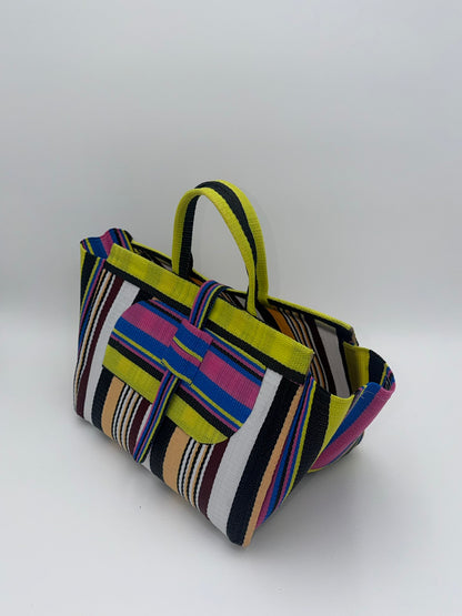 Woodland Large handwoven tote bag by SCRUBIES in Yelow,Pink,White,Black,Beige with Stripes design and Almond accent pattern
