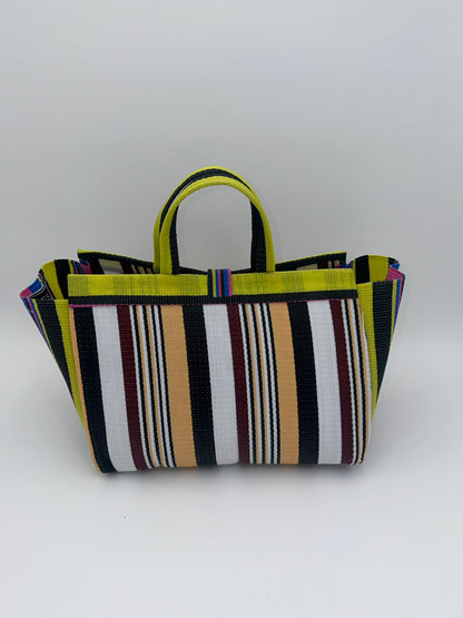 Woodland Large handwoven tote bag by SCRUBIES in Yelow,Pink,White,Black,Beige with Stripes design and Almond accent pattern