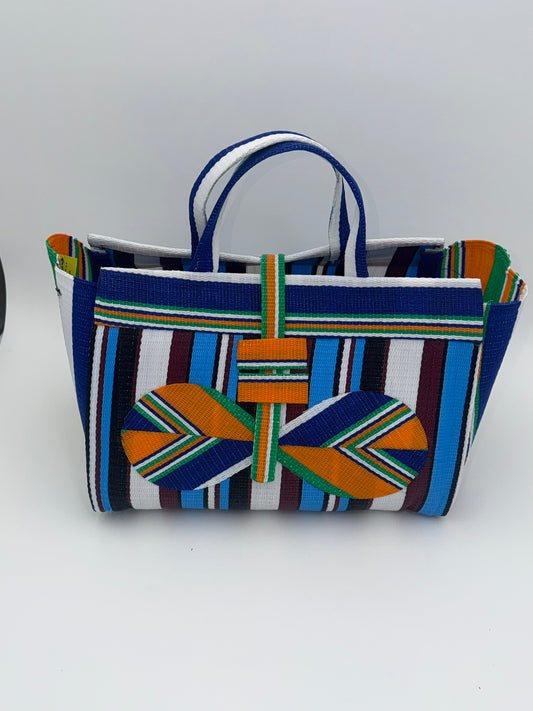 Boho Large handwoven tote bag by SCRUBIES in Blue,Orange,White,, with Stripes design and Bow accent pattern