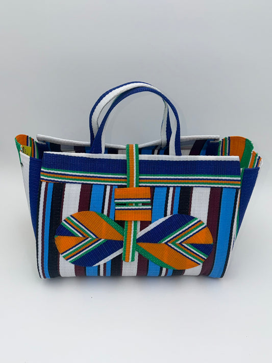 Boho Large handwoven tote bag by SCRUBIES in Blue,Orange,White,, with Stripes design and Bow accent pattern