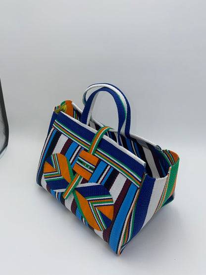 Boho Large handwoven tote bag by SCRUBIES in Blue,Orange,White,, with Stripes design and Bow accent pattern