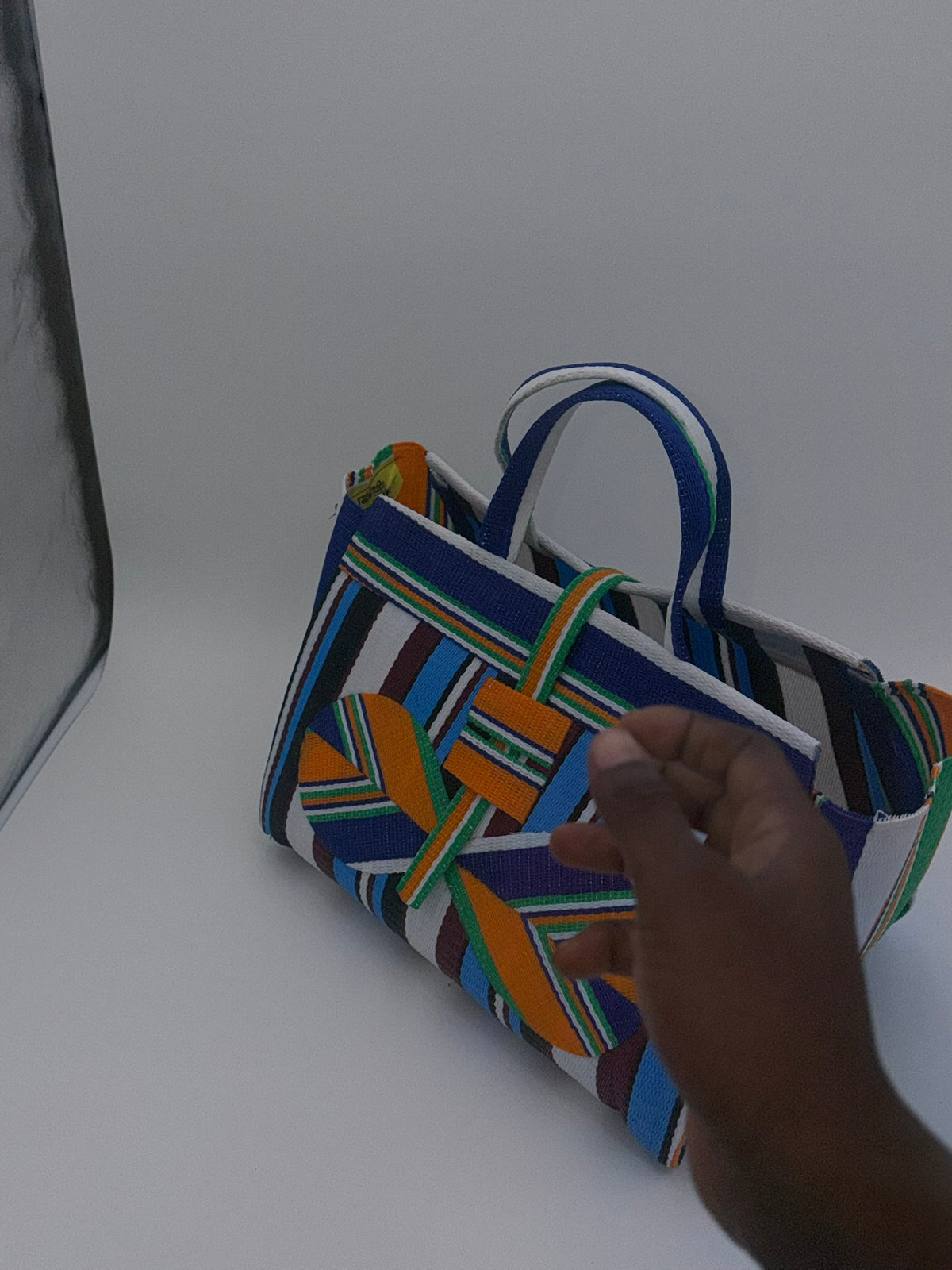 Boho Large handwoven tote bag by SCRUBIES in Blue,Orange,White,, with Stripes design and Bow accent pattern