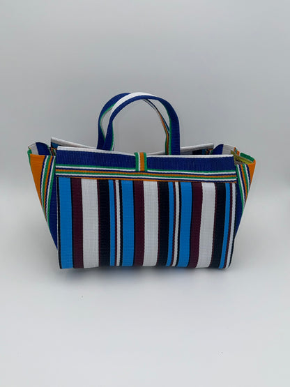 Boho Large handwoven tote bag by SCRUBIES in Blue,Orange,White,, with Stripes design and Bow accent pattern