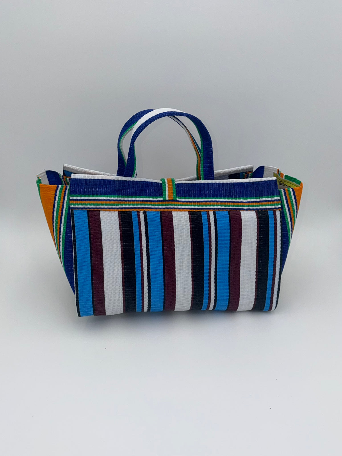 Boho Large handwoven tote bag by SCRUBIES in Blue,Orange,White,, with Stripes design and Bow accent pattern