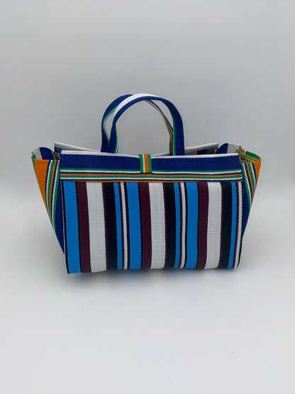 Boho Large handwoven tote bag by SCRUBIES in Blue,Orange,White,, with Stripes design and Bow accent pattern
