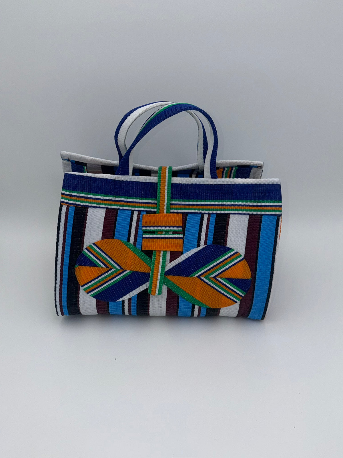 Boho Large handwoven tote bag by SCRUBIES in Blue,Orange,White,, with Stripes design and Bow accent pattern