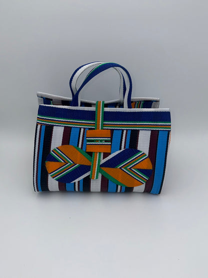 Boho Large handwoven tote bag by SCRUBIES in Blue,Orange,White,, with Stripes design and Bow accent pattern