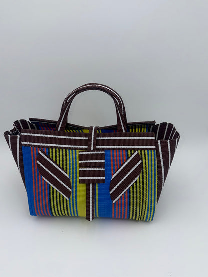 Sunshine Large handwoven tote bag by SCRUBIES in Brown,Yellow,White,Blue with Stripes design and Leaf accent pattern
