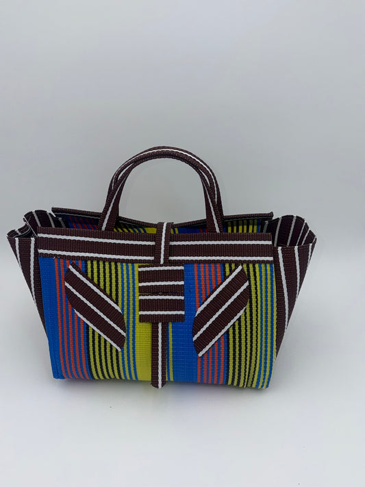 Sunshine Large handwoven tote bag by SCRUBIES in Brown,Yellow,White,Blue with Stripes design and Leaf accent pattern