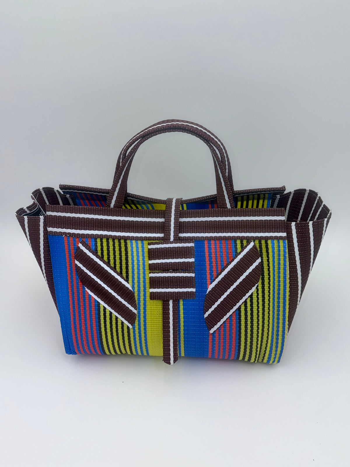 Sunshine Large handwoven tote bag by SCRUBIES in Brown,Yellow,White,Blue with Stripes design and Leaf accent pattern