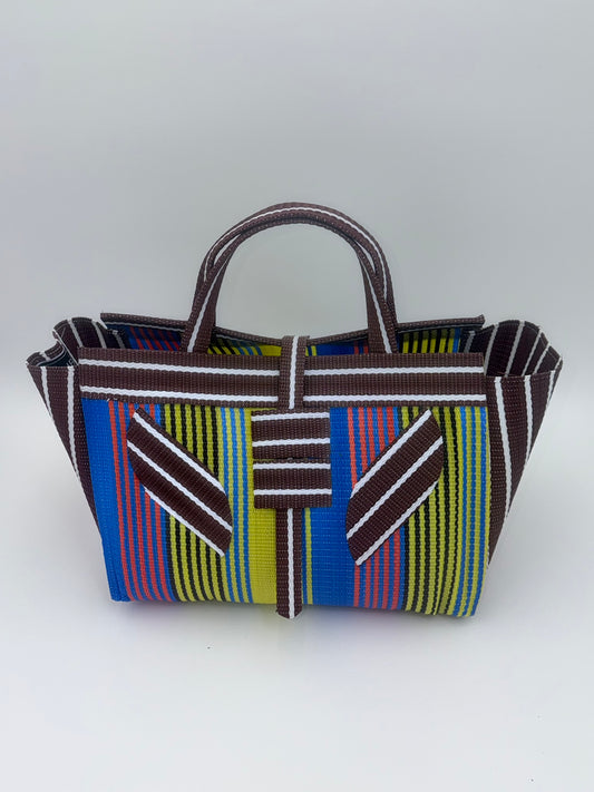 Sunshine Large handwoven tote bag by SCRUBIES in Brown,Yellow,White,Blue with Stripes design and Leaf accent pattern