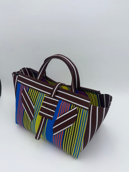 Sunshine Large handwoven tote bag by SCRUBIES in Brown,Yellow,White,Blue with Stripes design and Leaf accent pattern