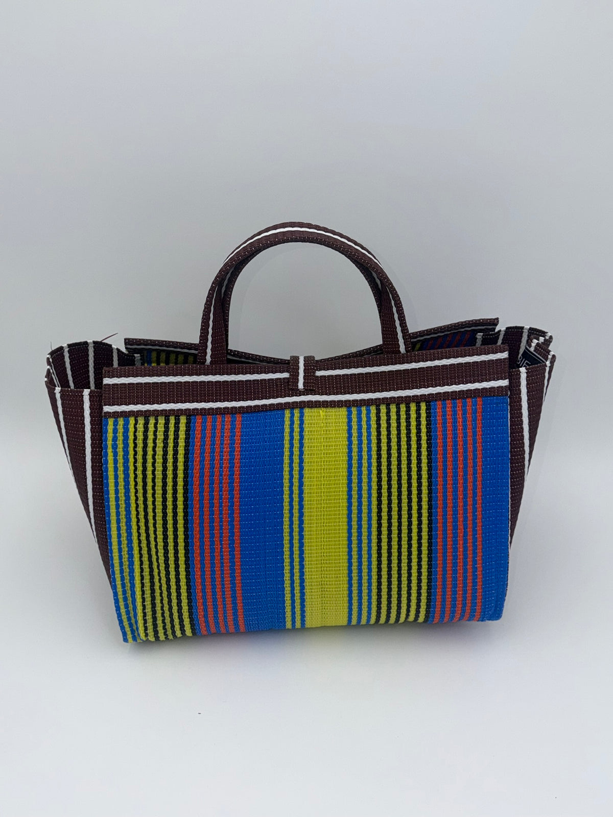 Sunshine Large handwoven tote bag by SCRUBIES in Brown,Yellow,White,Blue with Stripes design and Leaf accent pattern