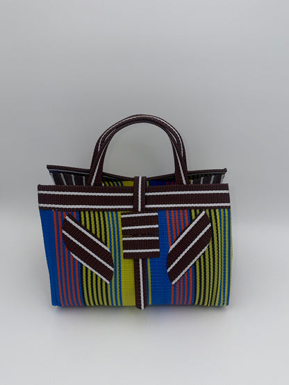 Sunshine Large handwoven tote bag by SCRUBIES in Brown,Yellow,White,Blue with Stripes design and Leaf accent pattern