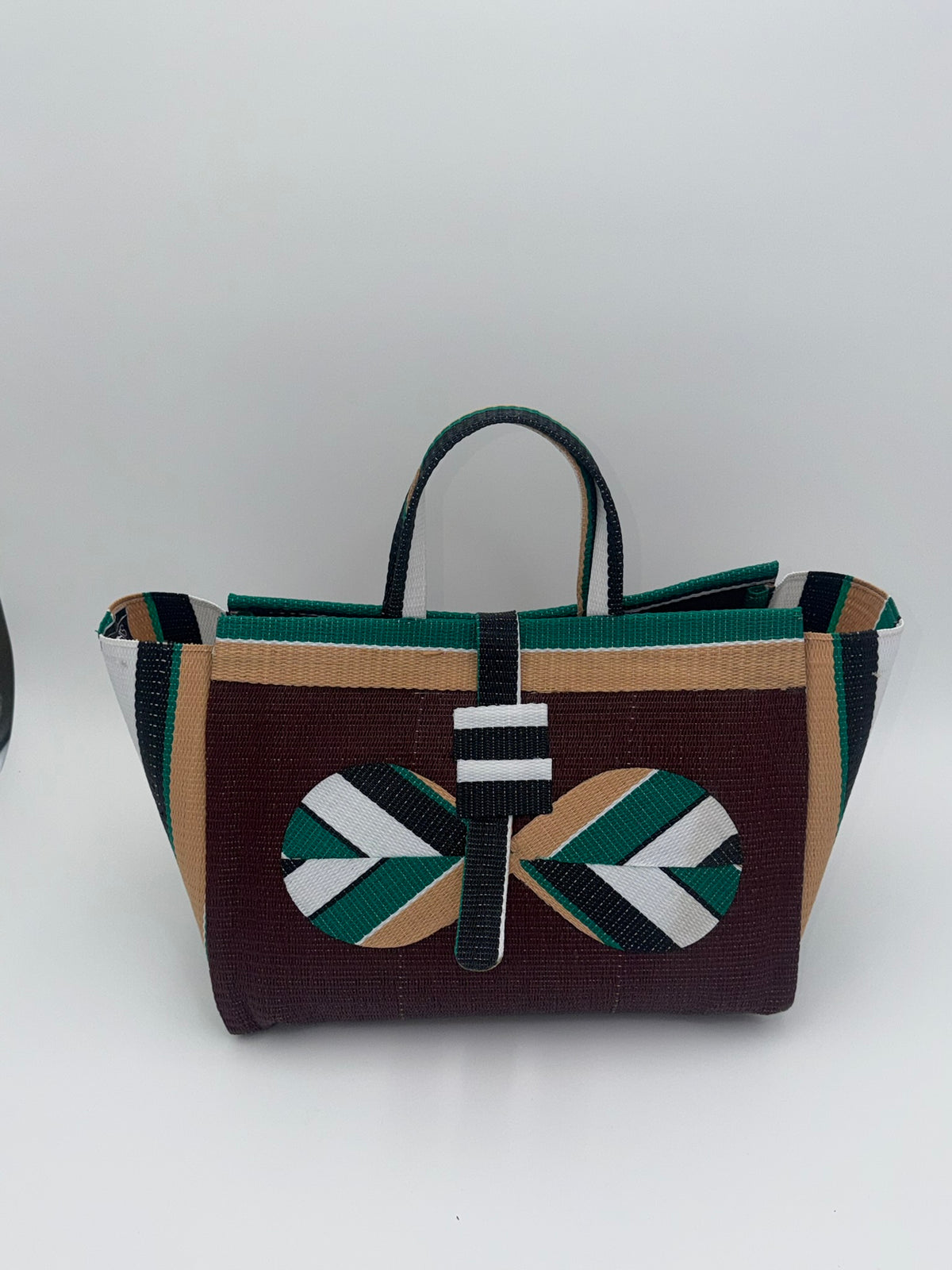 Sunshine Large handwoven tote bag by SCRUBIES in Brown,Yellow,White,Blue with Stripes design and Leaf accent pattern