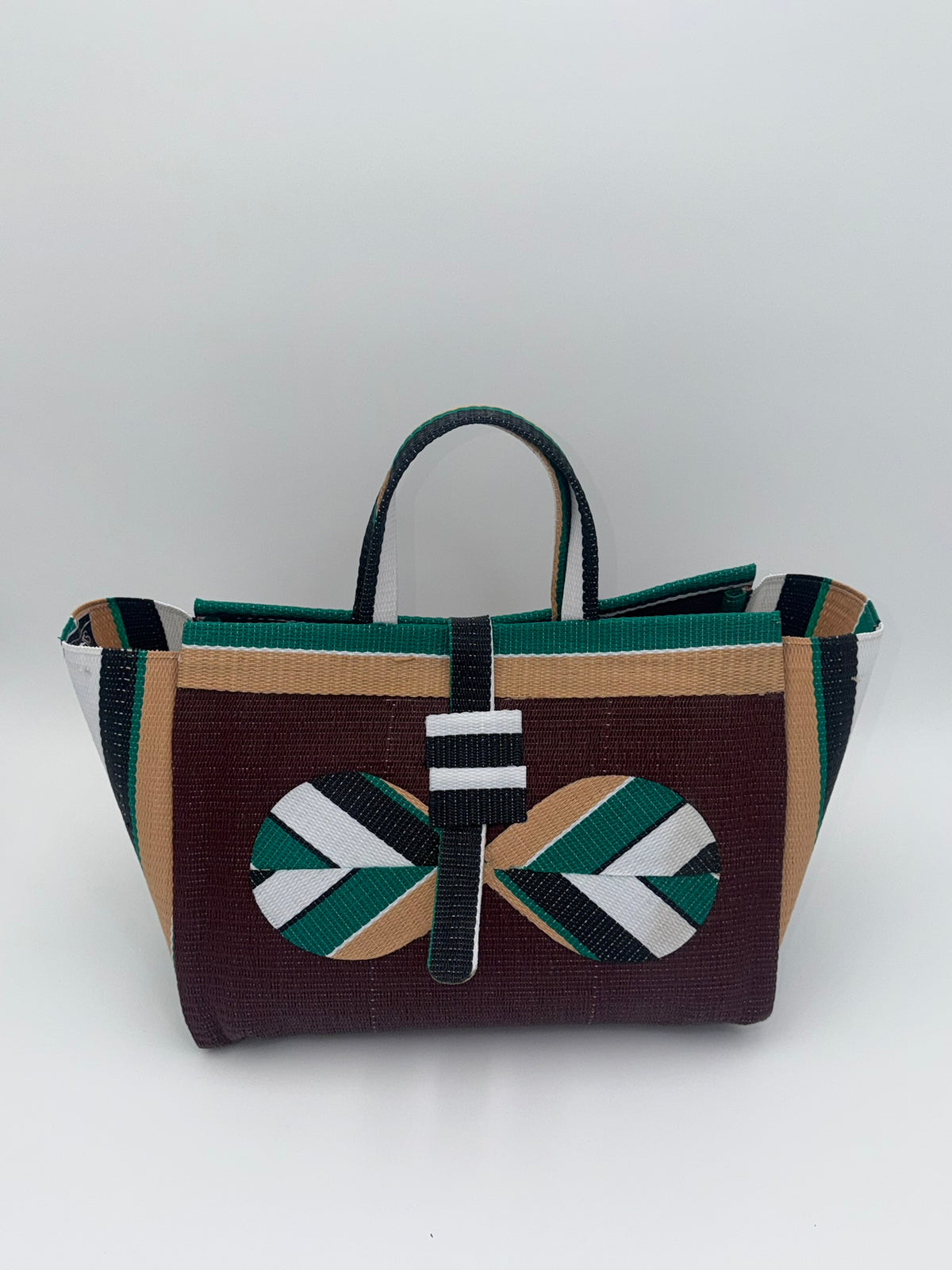 Sunshine Large handwoven tote bag by SCRUBIES in Brown,Yellow,White,Blue with Stripes design and Leaf accent pattern