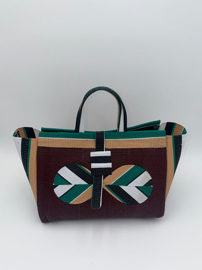Sunshine Large handwoven tote bag by SCRUBIES in Brown,Yellow,White,Blue with Stripes design and Leaf accent pattern