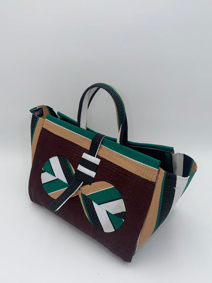 Sunshine Large handwoven tote bag by SCRUBIES in Brown,Yellow,White,Blue with Stripes design and Leaf accent pattern
