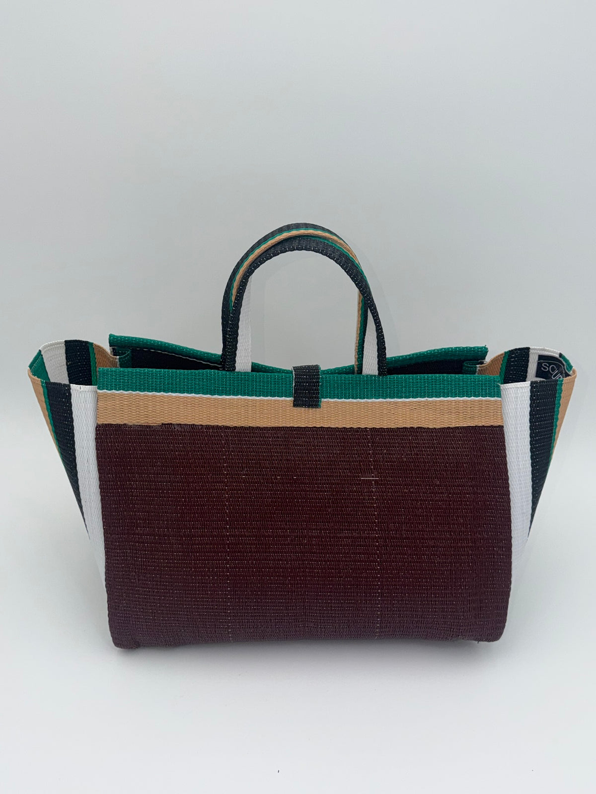 Sunshine Large handwoven tote bag by SCRUBIES in Brown,Yellow,White,Blue with Stripes design and Leaf accent pattern