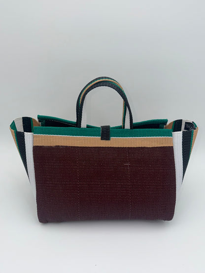 Sunshine Large handwoven tote bag by SCRUBIES in Brown,Yellow,White,Blue with Stripes design and Leaf accent pattern