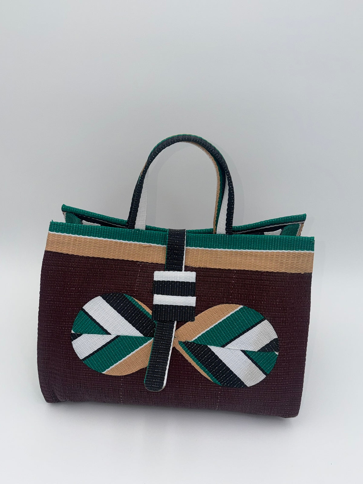 Sunshine Large handwoven tote bag by SCRUBIES in Brown,Yellow,White,Blue with Stripes design and Leaf accent pattern