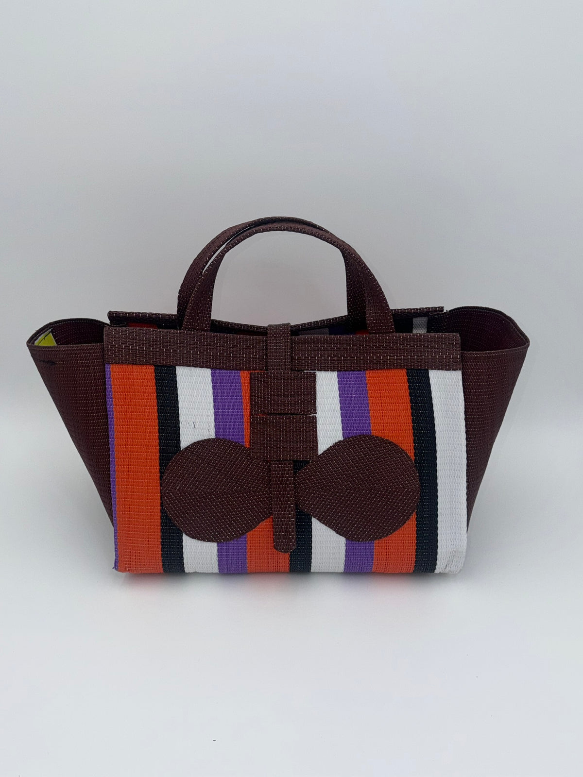 Orange Blocks Large handwoven tote bag by SCRUBIES in Brown,Orange,White,Black with Block design and Bow accent pattern