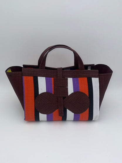 Orange Blocks Large handwoven tote bag by SCRUBIES in Brown,Orange,White,Black with Block design and Bow accent pattern