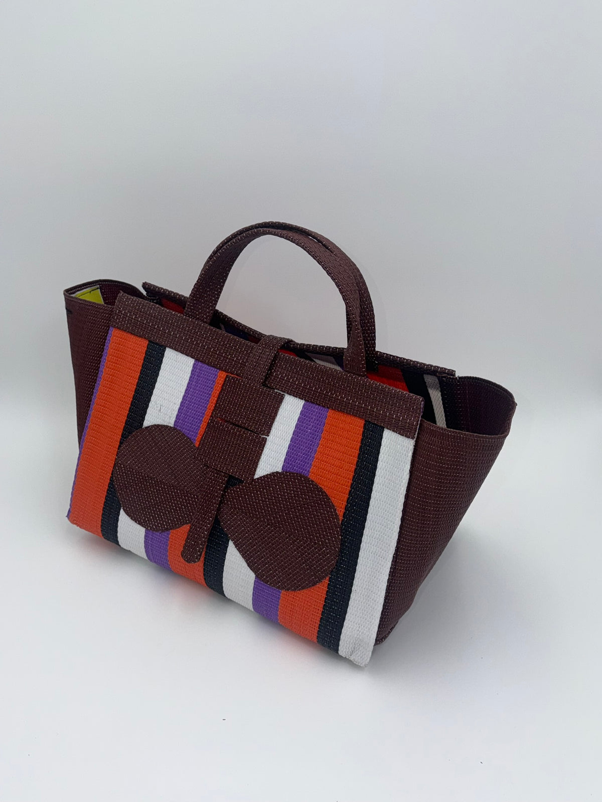 Orange Blocks Large handwoven tote bag by SCRUBIES in Brown,Orange,White,Black with Block design and Bow accent pattern