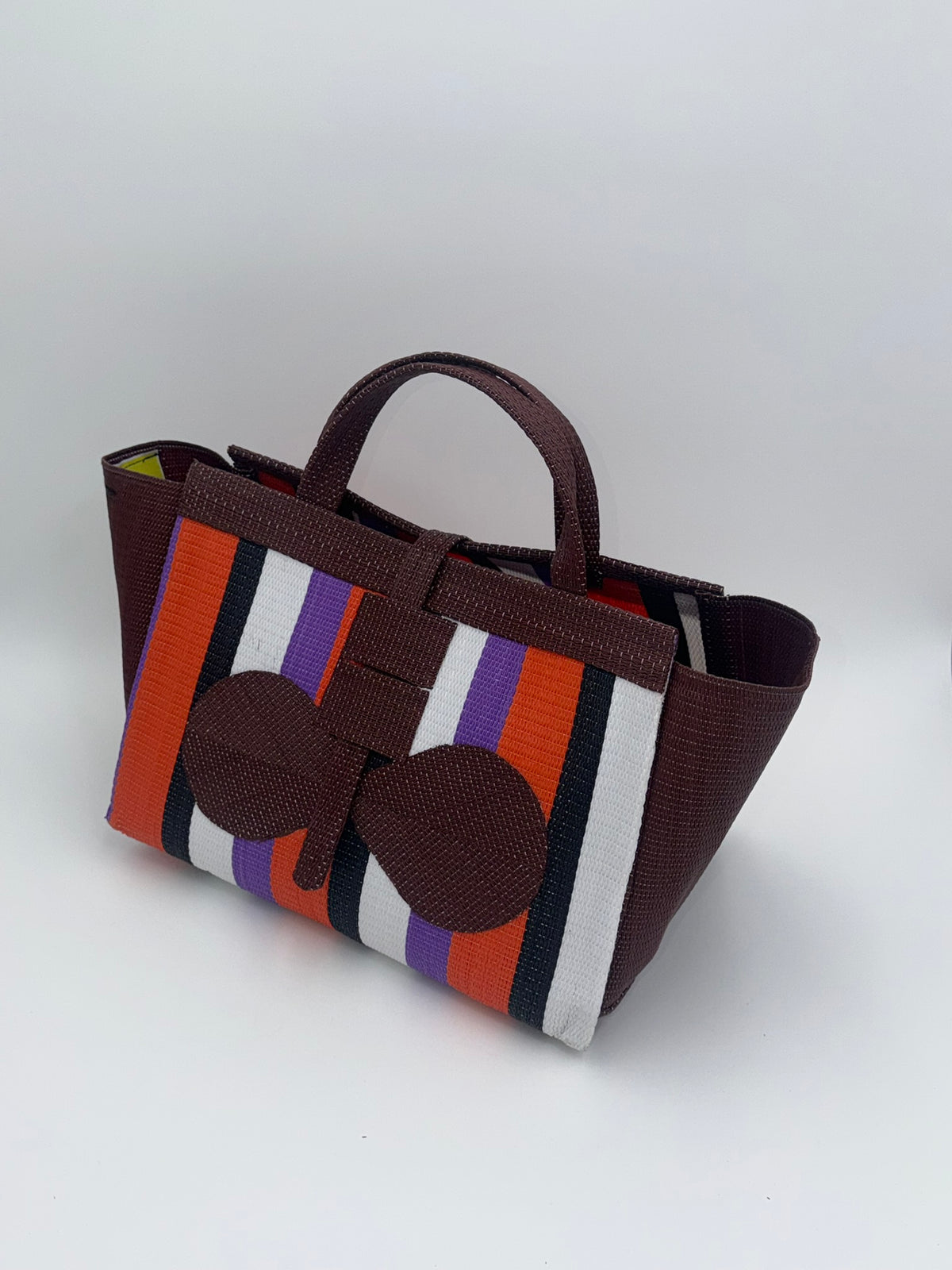 Orange Blocks Large handwoven tote bag by SCRUBIES in Brown,Orange,White,Black with Block design and Bow accent pattern