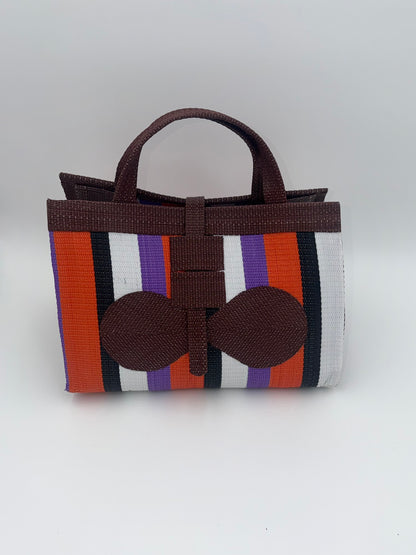 Orange Blocks Large handwoven tote bag by SCRUBIES in Brown,Orange,White,Black with Block design and Bow accent pattern