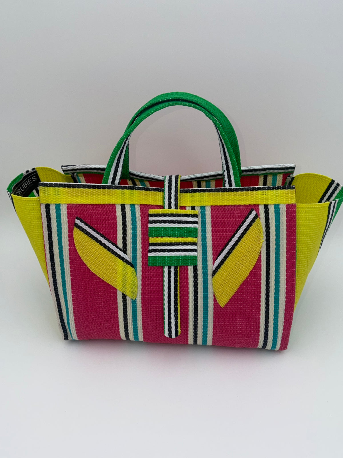 Candy Large handwoven tote bag by SCRUBIES in Yellow,Pink,White with Stripes design and Leaf accent pattern