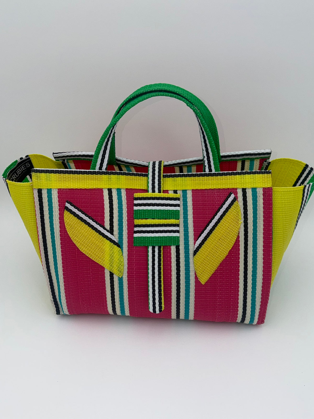 Candy Large handwoven tote bag by SCRUBIES in Yellow,Pink,White with Stripes design and Leaf accent pattern