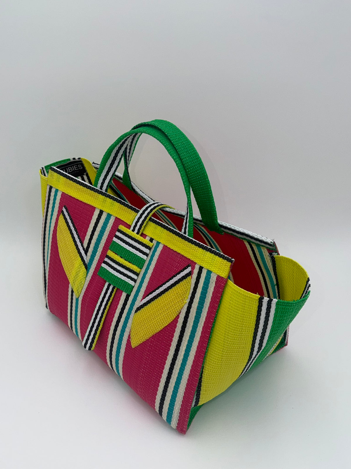 Candy Large handwoven tote bag by SCRUBIES in Yellow,Pink,White with Stripes design and Leaf accent pattern