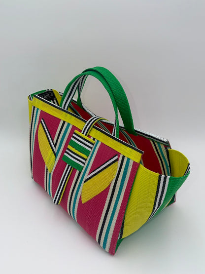 Candy Large handwoven tote bag by SCRUBIES in Yellow,Pink,White with Stripes design and Leaf accent pattern