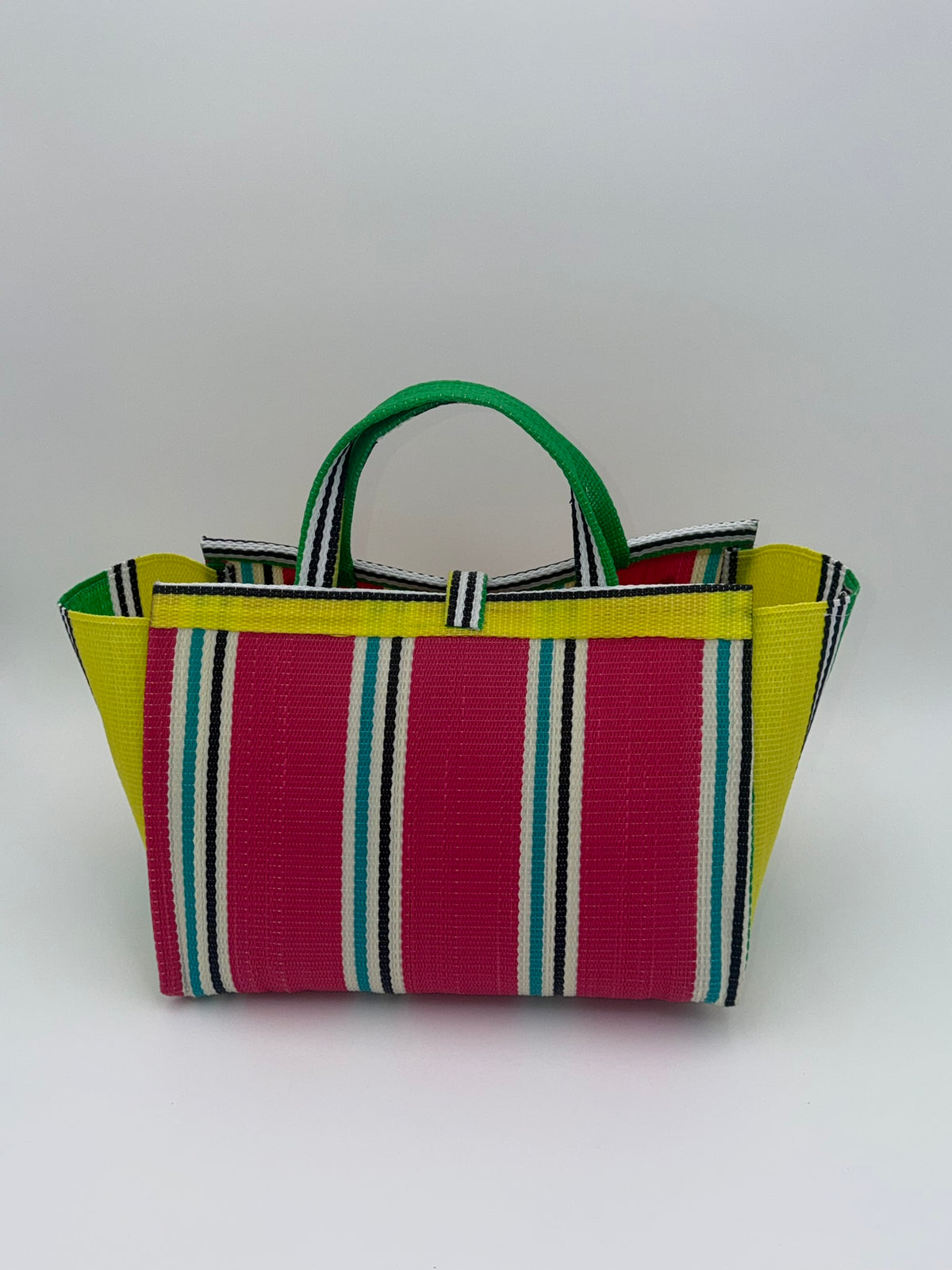 Candy Large handwoven tote bag by SCRUBIES in Yellow,Pink,White with Stripes design and Leaf accent pattern